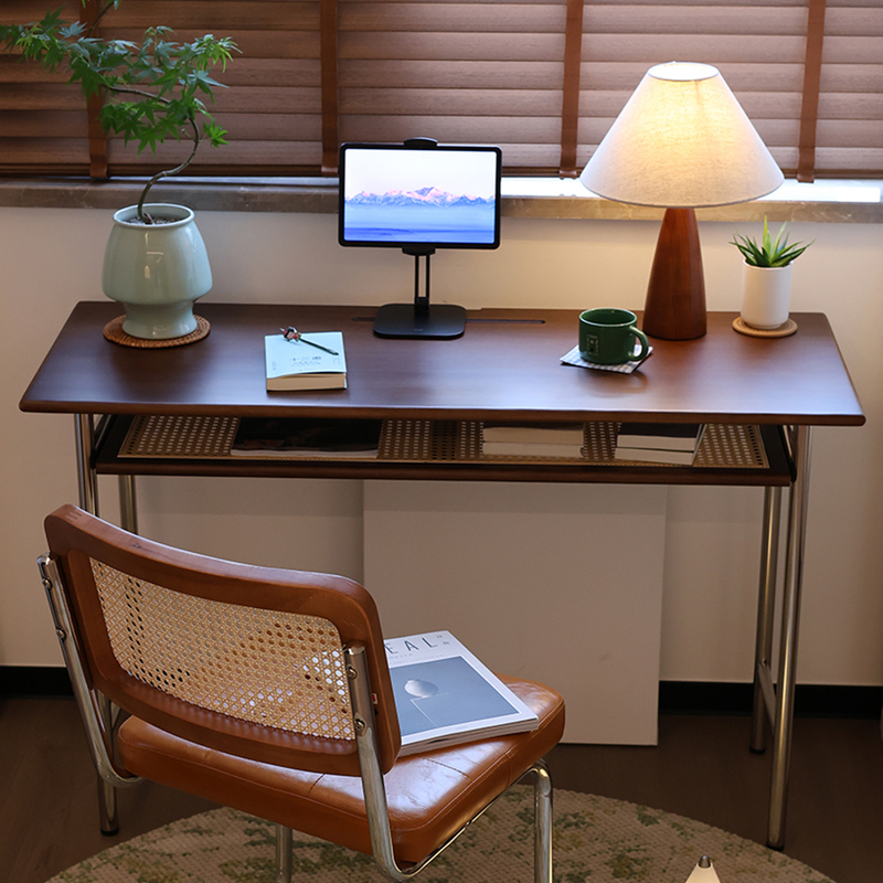 French-Style Vintage Walnut-Colored Desk and Chair Set for Small Apartments, Solid Wood Writing and Computer Desk for Bedroom, Rectangular Shape French-Style Vintage Walnut-Colored Desk and Chair Set for Small Apartments, Solid Wood Writing and Computer Desk for Bedroom, Rectangular Shape