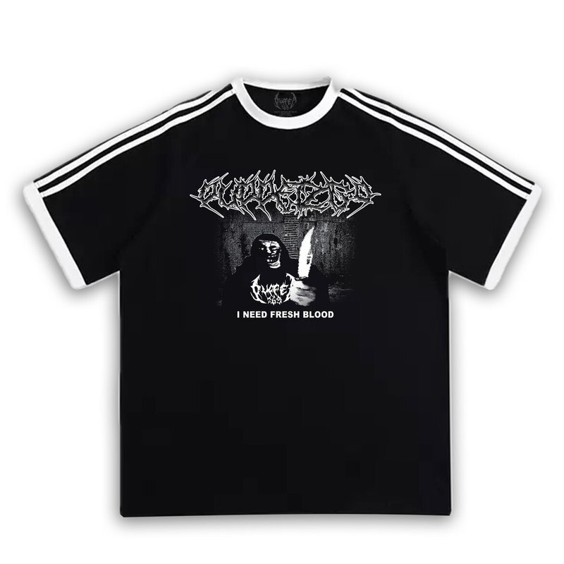 Pt269 Trollface Dark Rock Band Subculture Three-Stripe Black and White T-Shirt Embroidery Pt269 Trollface Dark Rock Band Subculture Three-Stripe Black and White T-Shirt Embroidery