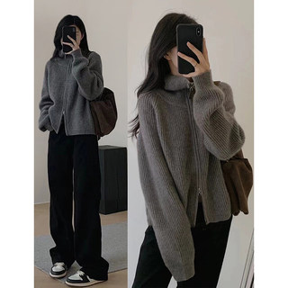 Gray Raccoon Fur Half-High Collar Stand-Up Collar Double Zipper Sweater Jacket for Women, Autumn and Winter Thickened Outerwear Knit Cardigan