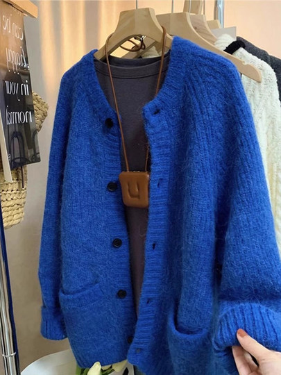 Retro Coffee-Colored Melard Sweater Jacket for Women, Loose-Fitting Knitted Cardigan, 2026 Autumn and Winter Lazy Thickeneded Top