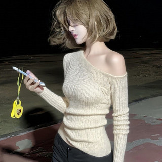 Pure Desire Off-Shoulder Long-Sleeve Knit Top for Women, Spring Season Stylish One-Shoulder Base Shirt, Slim-Fit Inner Wear Top