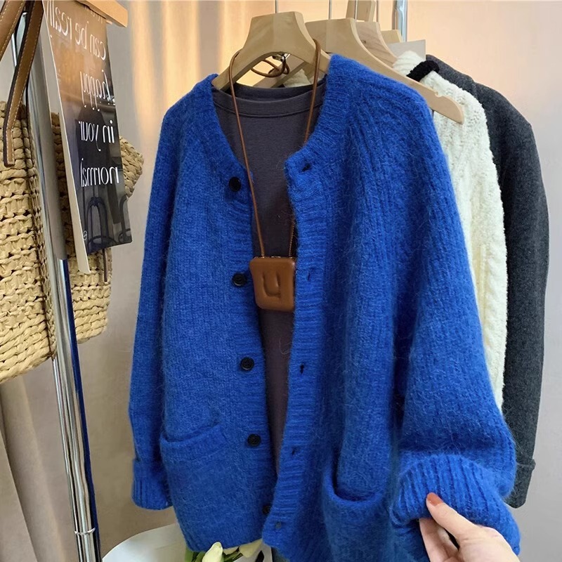 Lazy Style Soft Klein Blue Sweater Cardigan for Women, Autumn and Winter Thickened Loose Knit Top