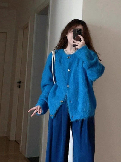 Relaxed Klein Blue Mink Velvet Sweater Cardigan for Women, Autumn and Winter, Chanel-Style Knitted Jacket, Soft and Cozy Outerwear