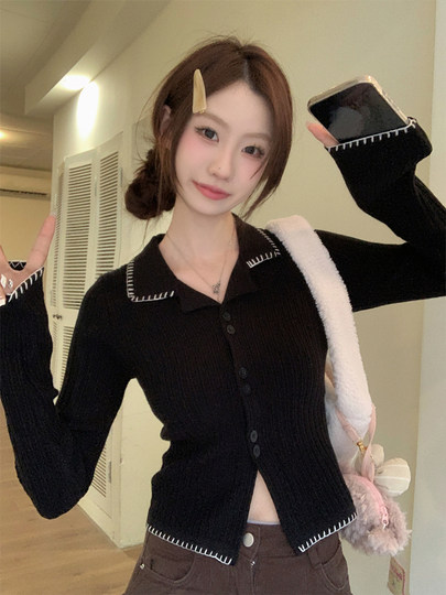 Style coréen couleur bloc dentelle à manches longues col Polo pull pour les femmes automne conception noir pull cardigan haut à revers