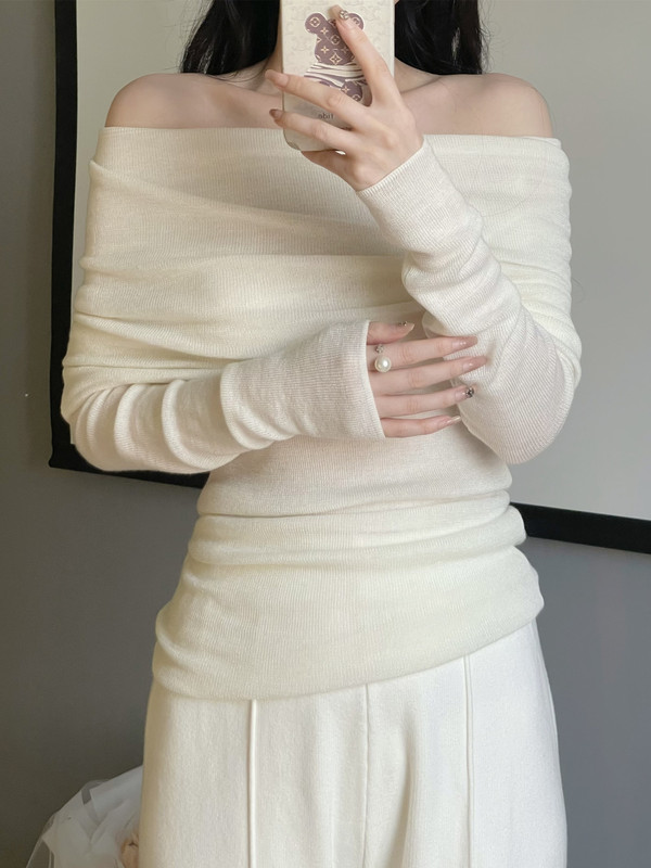French White Sexy One-Shoulder Off-Shoulder Inner Layering Shirt for Women, Autumn and Winter Sweater, Knitted Knitwear, Slim Fit Top French White Sexy One-Shoulder Off-Shoulder Inner Layering Shirt for Women, Autumn and Winter Sweater, Knitted Knitwear, Slim Fit Top