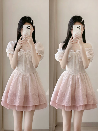 Vestido de cuello cuadrado de manga francesa para mujeres en la falda de verano para el primer amor lindo dulce ceñada que abraza una falda hinchada