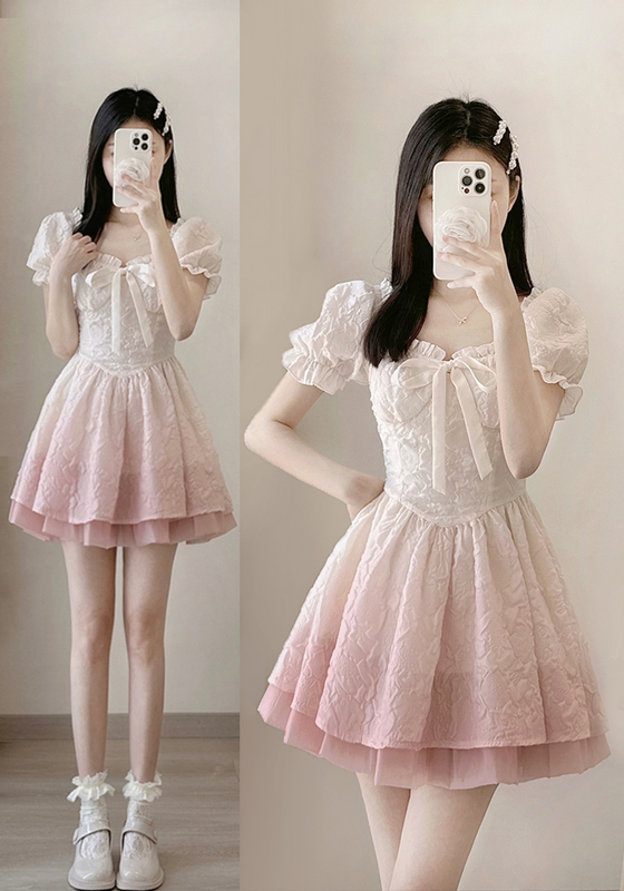 French Puff Sleeve Square Neck Dress for Women, Summer Dress, First Love Style, Cute and Sweet, Waist-Cinching A-Line Puffy Short Skirt