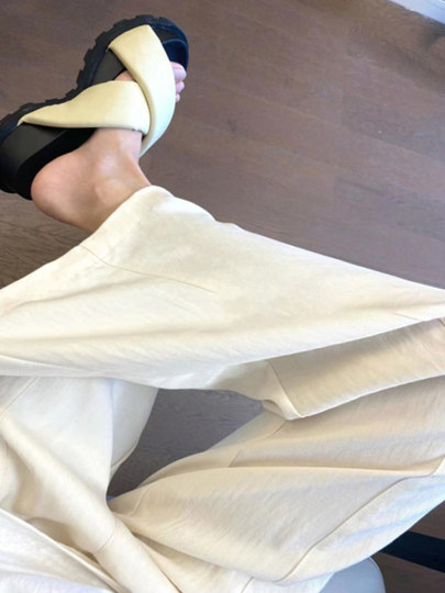 White Cotton and Linen Straight-Leg Drapey Casual Pants for Women, Summer High-Waisted Loose Slimming Wide-Leg Pants, Linen Floor-Length Trousers