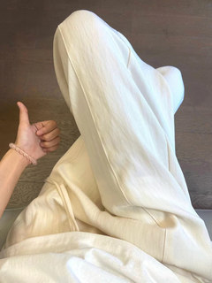 White Cotton and Linen Straight-Leg Drapey Casual Pants for Women, Summer High-Waisted Loose Slimming Wide-Leg Pants, Linen Floor-Length Trousers