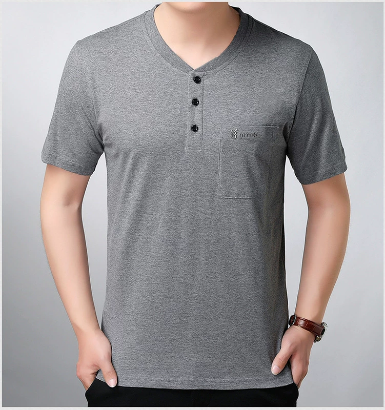 Túi trung niên nam cổ chữ V ngắn tay áo thun cotton mỏng Phần trung niên bố tải quần áo nam XL lỏng lẻo - Áo phông ngắn áo thun nam big size