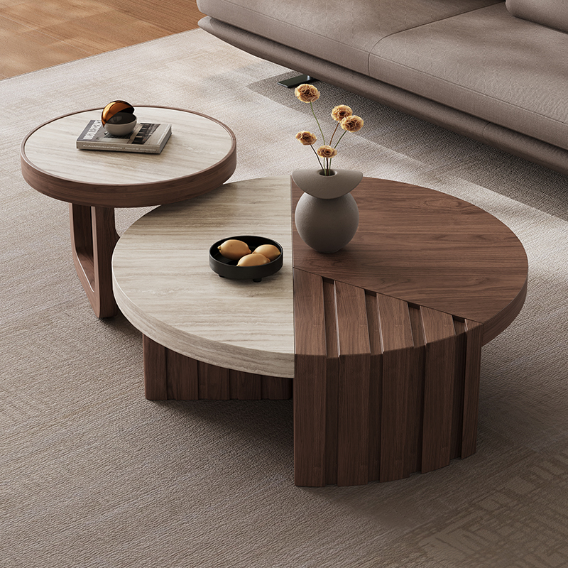 Designer Mid-Century Style Round Solid Wood Coffee Table for Living Room, Creative Walnut Color Matching, Small Apartment Coffee Table for Home Use