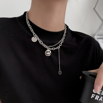 Summer stacked wearing titanium steel neck chain hip-hop personality double smiley face round card hiphop tag necklace ins tide accessories