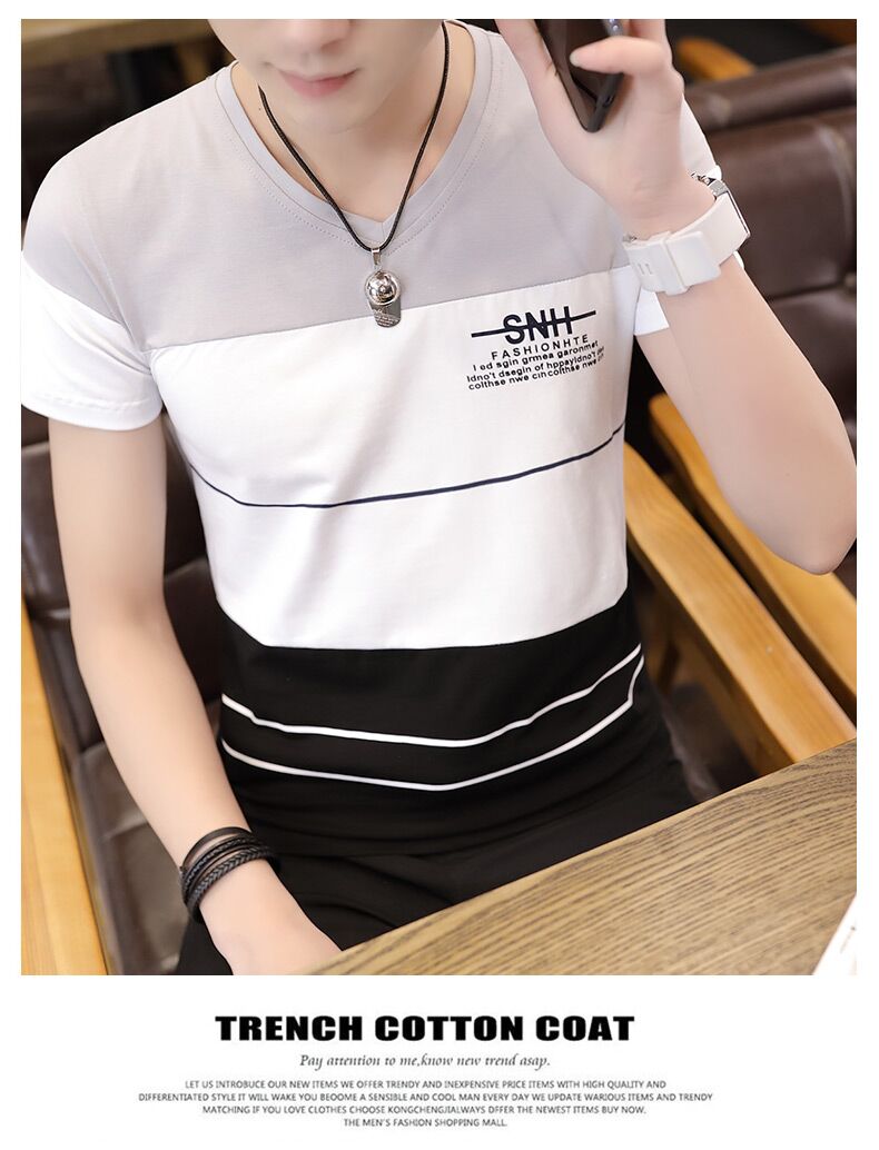 Áo thun nam ngắn tay mùa hè 2018 cổ điển Hàn Quốc Slim V cổ áo 桖 Áo cotton Xu hướng nửa tay áo sơ mi nam mặc áo polo nam hàng hiệu