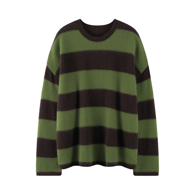 Consinee 100% Cashmere Sweater French Green Striped Cashmere Women's Loose Round Neck Knit Sweater Warm Base Layer