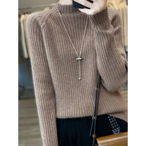 100 pure wool wool wool sweater draw shoulder 2022 autumn and winter new half - collar blouse sweater