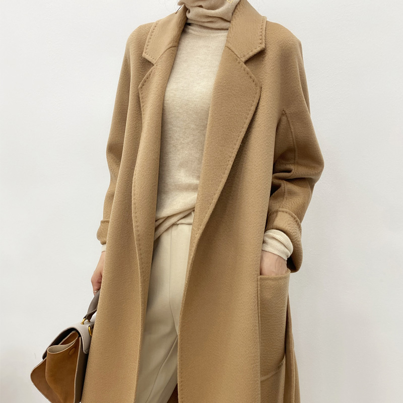 The same off-season high-end water ripple cashmere coat women's mid-length version over-the-knee loose bathrobe double-sided woolen coat