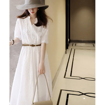 2022 Summer new womens Fast-style first love sweetness collection waist long dress White Bubble Sleeves Lace Dress