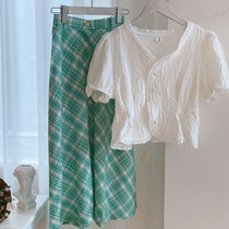 2022 Summer new ladies Mini Fragrant Wind Suit Gentle fried Street Bubble Sleeves Green Plaid dress