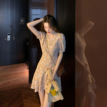 2022 Summer new female little fresher French style first love sweet and froth sleeveless yellow crushed floral dress for dress spring