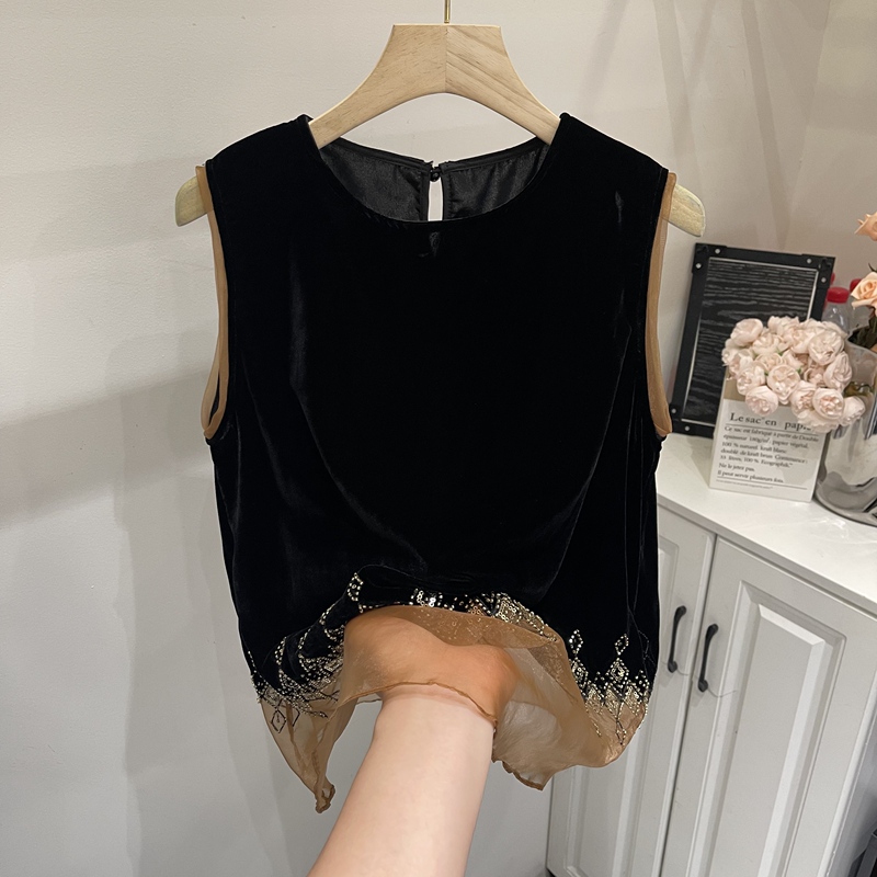 High-End Color-Blocking Patchwork Sequin Rhinestone Velvet Sleeveless Blouse for Women, 2026 Summer New Stylish Loose Top High-End Color-Blocking Patchwork Sequin Rhinestone Velvet Sleeveless Blouse for Women, 2026 Summer New Stylish Loose Top