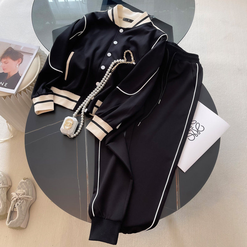 Eurostock high-end sports suit women's spring 2022 new trendy senior feel black thick cotton T casual Two-style foreign pie
