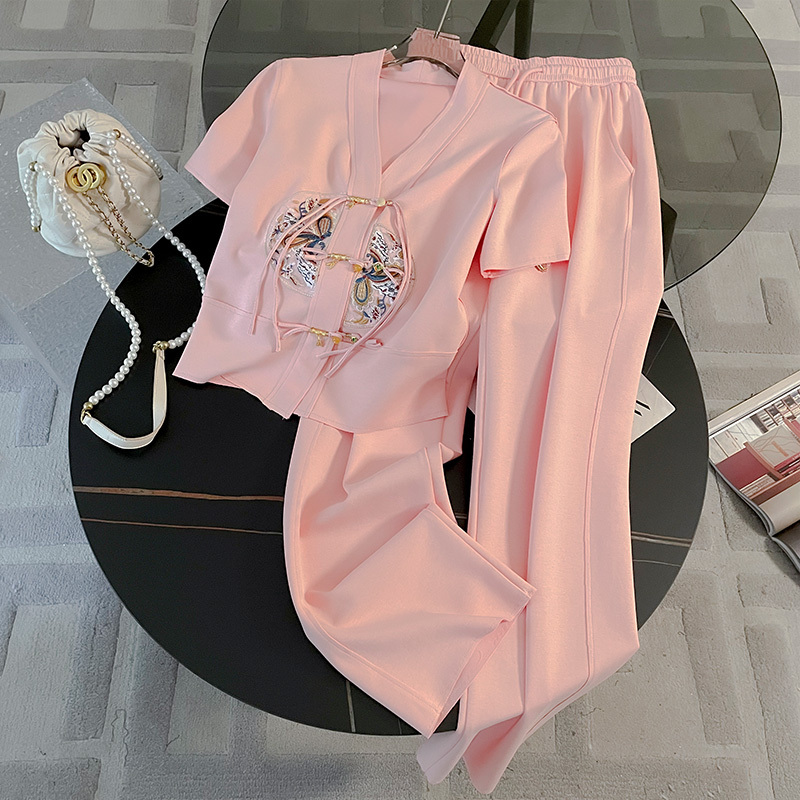 High-End Pink Casual Sports Suit for Women, Summer Style, Age-Reducing, New Chinese Style, Short-Sleeved Wide-Leg Pants Two-Piece Set