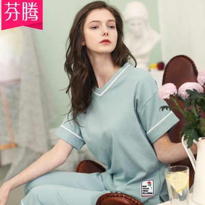 芬腾2018新款纯棉睡衣女夏短袖套头休闲韩版宽松七分裤家居服套装