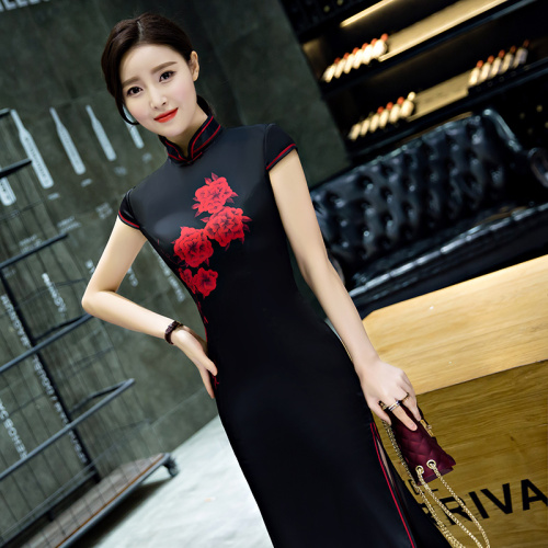 Chinese Dress Qipao for women new black cheongsam long Style Sexy slit daily large retro show dress