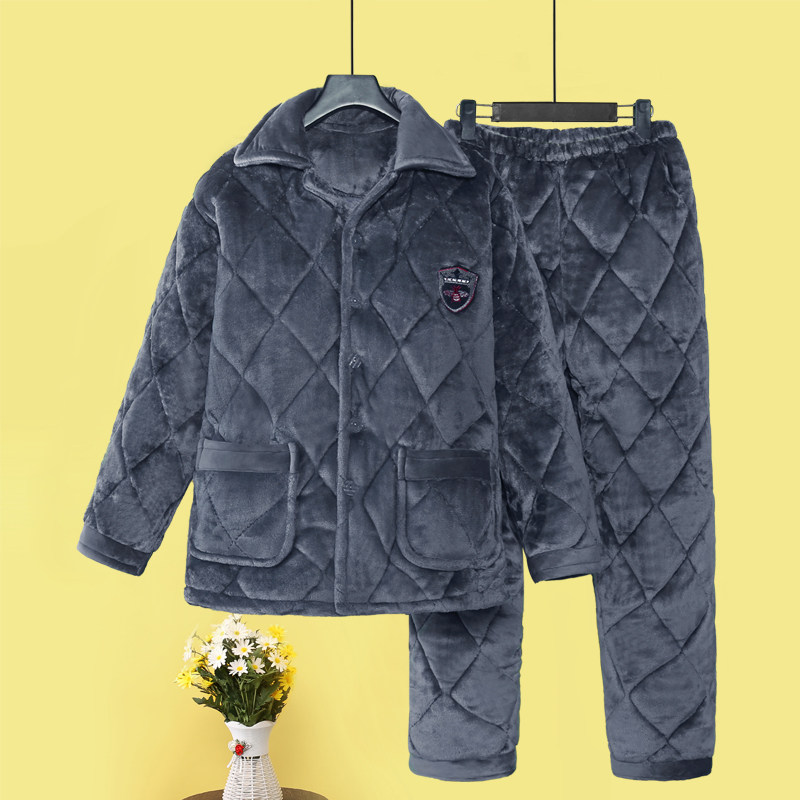 Middle-aged and elderly cotton pajamas men's winter three-layer thickened coral fleece jacket middle-aged dad flannel home service suit