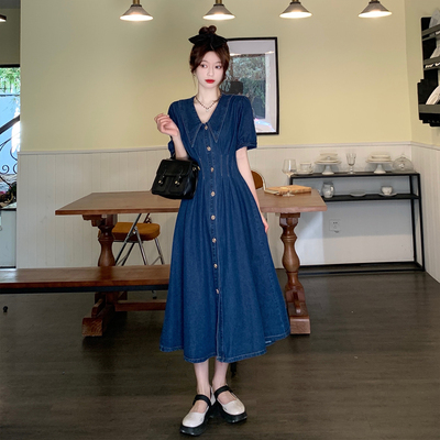 taobao agent Summer retro denim dress, fitted brace, long long skirt, plus size, french style, A-line