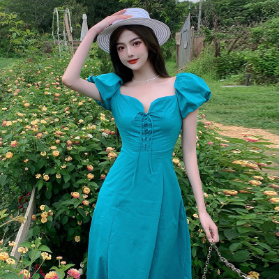 taobao agent Retro retro dress, skirt, fitted brace, plus size, French retro style, V-neckline, puff sleeves