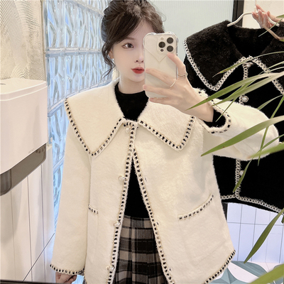 taobao agent Demi-season jacket, velvet cardigan, sweater, plus size, Chanel style, doll collar, with fleece, long sleeve