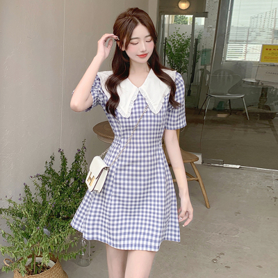 taobao agent Plaid summer dress, brace, mini-skirt, plus size, doll collar, suitable for teen, puff sleeves