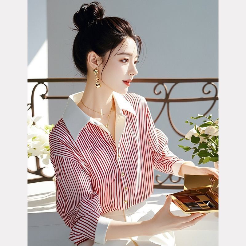 This Year's Trendy Beautiful Red Striped Polo Shirt, New Autumn Style Shirt, Stylish, High-End, Unique Long-Sleeved Top