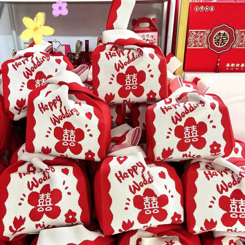 New Year of the Horse Knitted Bag, Festive Red Souvenir Knitted Bag, Corporate Gift Bag, Wedding Souvenir Knitted Bag