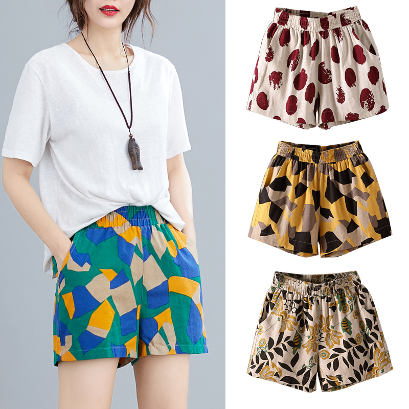 Cotton and hemp shorts women's summer loose high waist wear 2021 new elastic waist thin casual wide leg five-point pants hot pants