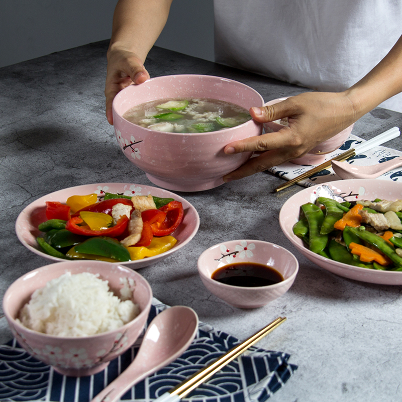 Japanese cherry blossom ceramic tableware Household plate Rice bowl Instant noodle bowl Soup bowl Meal plate Fish plate Large plate spoon
