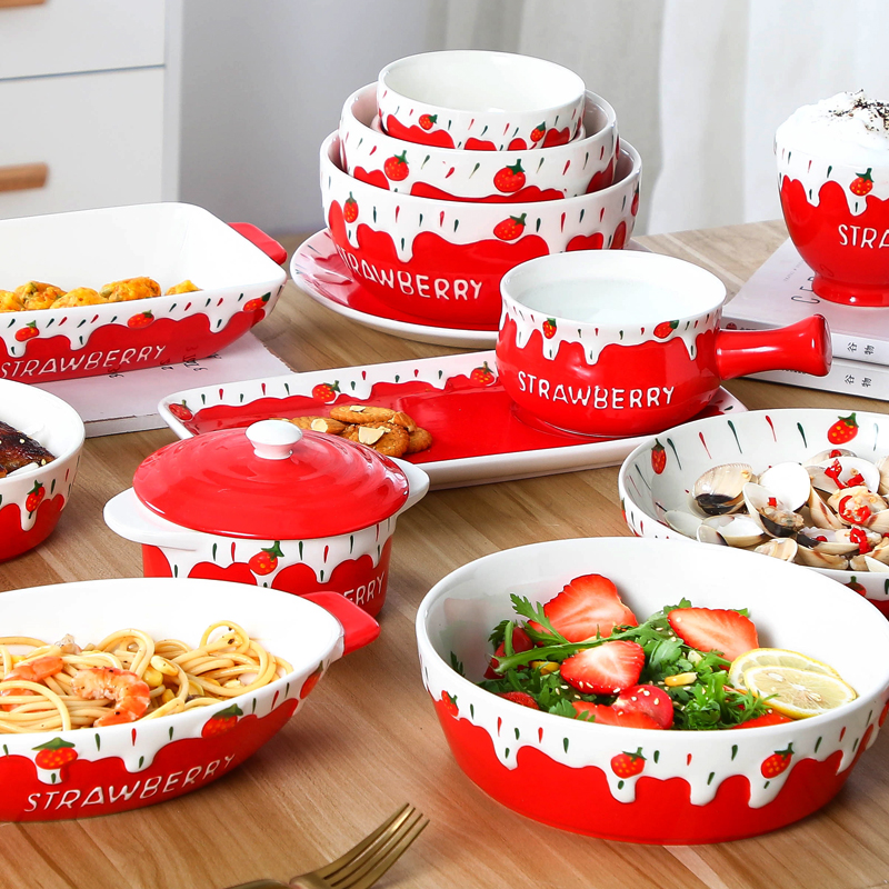 Creative Red Strawberry Fruit Salad Bowl Cute Cake Dessert Rice Bowl Noodle Bowl Household Ceramic Tableware Set