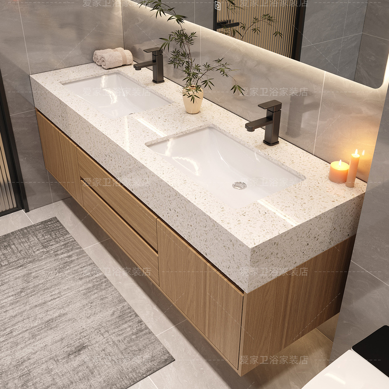Natural Wood Style Washbasin Quartz Stone Double Basin Bathroom Cabinet Combination Smart Bathroom Integrated Washbasin Cabinet Washstand Natural Wood Style Washbasin Quartz Stone Double Basin Bathroom Cabinet Combination Smart Bathroom Integrated Washbasin Cabinet Washstand