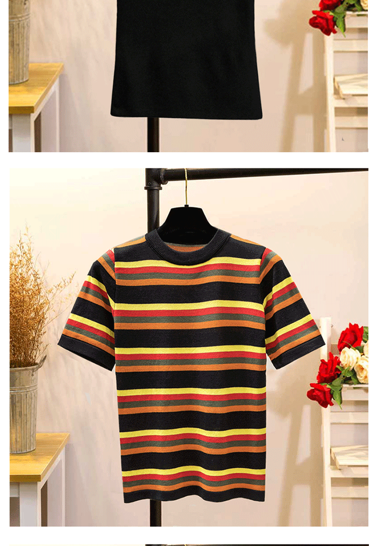 Băng lụa đan ngắn tay nữ mùa hè nhỏ tươi từ vai áo thun cổ áo Slim nửa tay áo sọc ngang áo cardigan nữ dáng dài