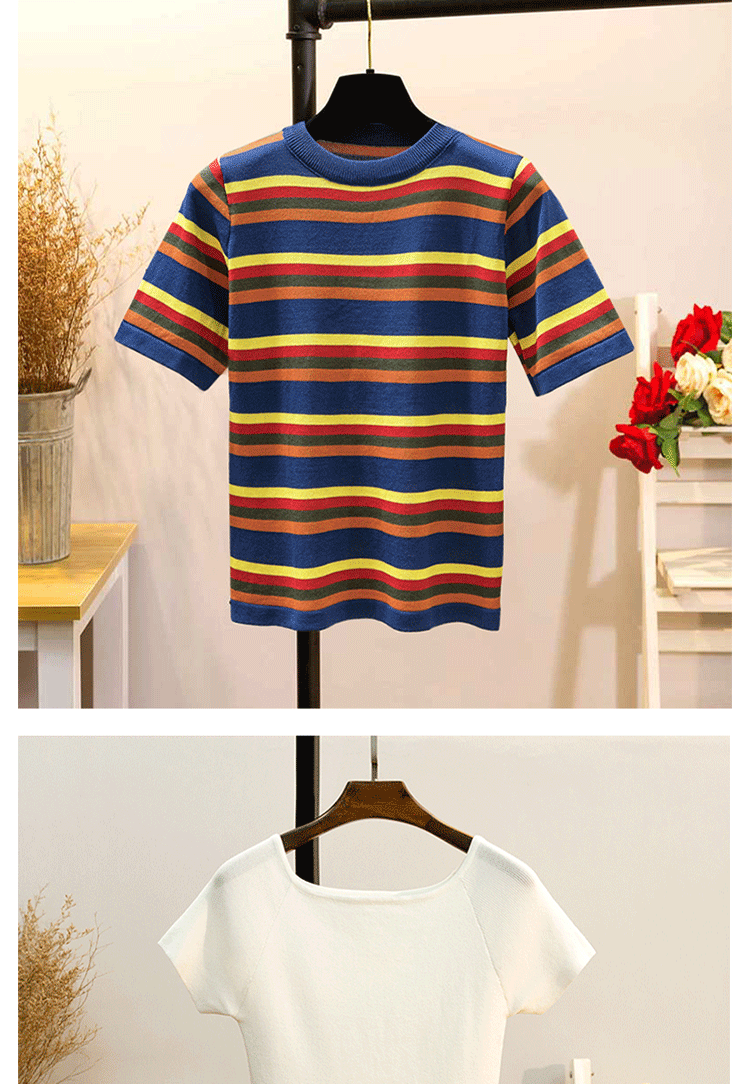 Băng lụa đan ngắn tay nữ mùa hè nhỏ tươi từ vai áo thun cổ áo Slim nửa tay áo sọc ngang áo cardigan nữ dáng dài