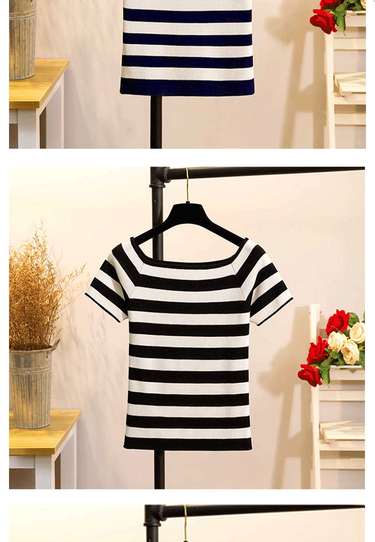 Băng lụa đan ngắn tay nữ mùa hè nhỏ tươi từ vai áo thun cổ áo Slim nửa tay áo sọc ngang áo cardigan nữ dáng dài