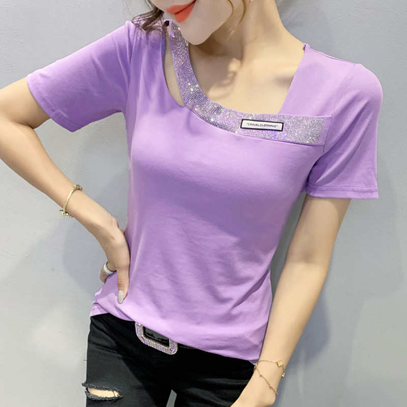 Tide Card 2022 Summer New Sexy Hollowed-out Collarbone T-shirt Woman Fashion Hot Drill Pure Cotton Display Slim Short Sleeve Blouse