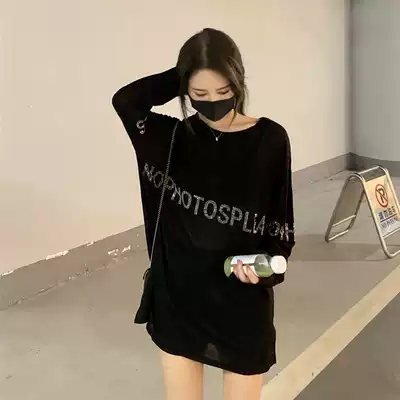Korea Tide brand 2021 new autumn loose black long sleeve T-shirt female lazy wind big size medium long top ins