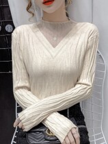 Tide card 2022 autumn new web yarn splicing stitch-knitted sweatshirt female foreign air 100 hitch skinny undershirt with long sleeve blouses