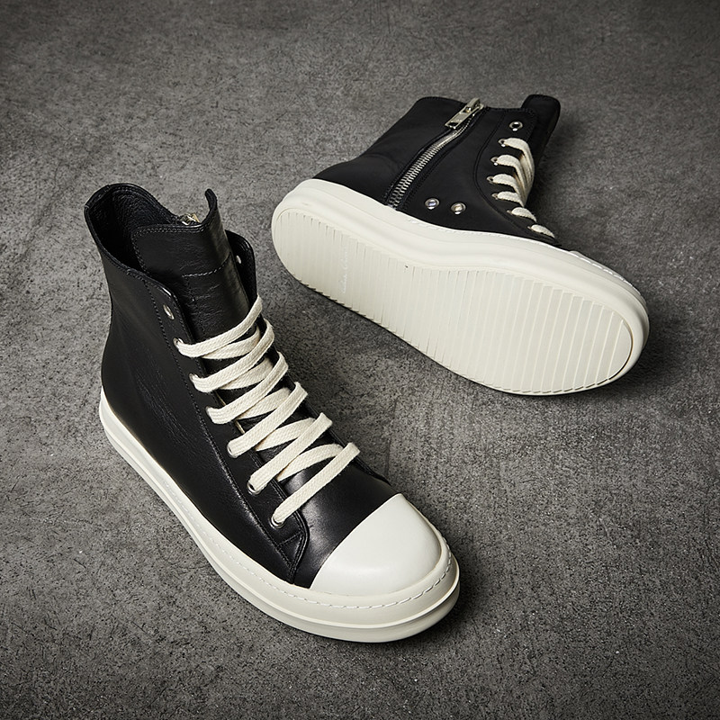 ro shoes trendy men's leather inverted triangle main line milk fragrant thick bottom dark black board shoes short boots Round Owens high-top shoes