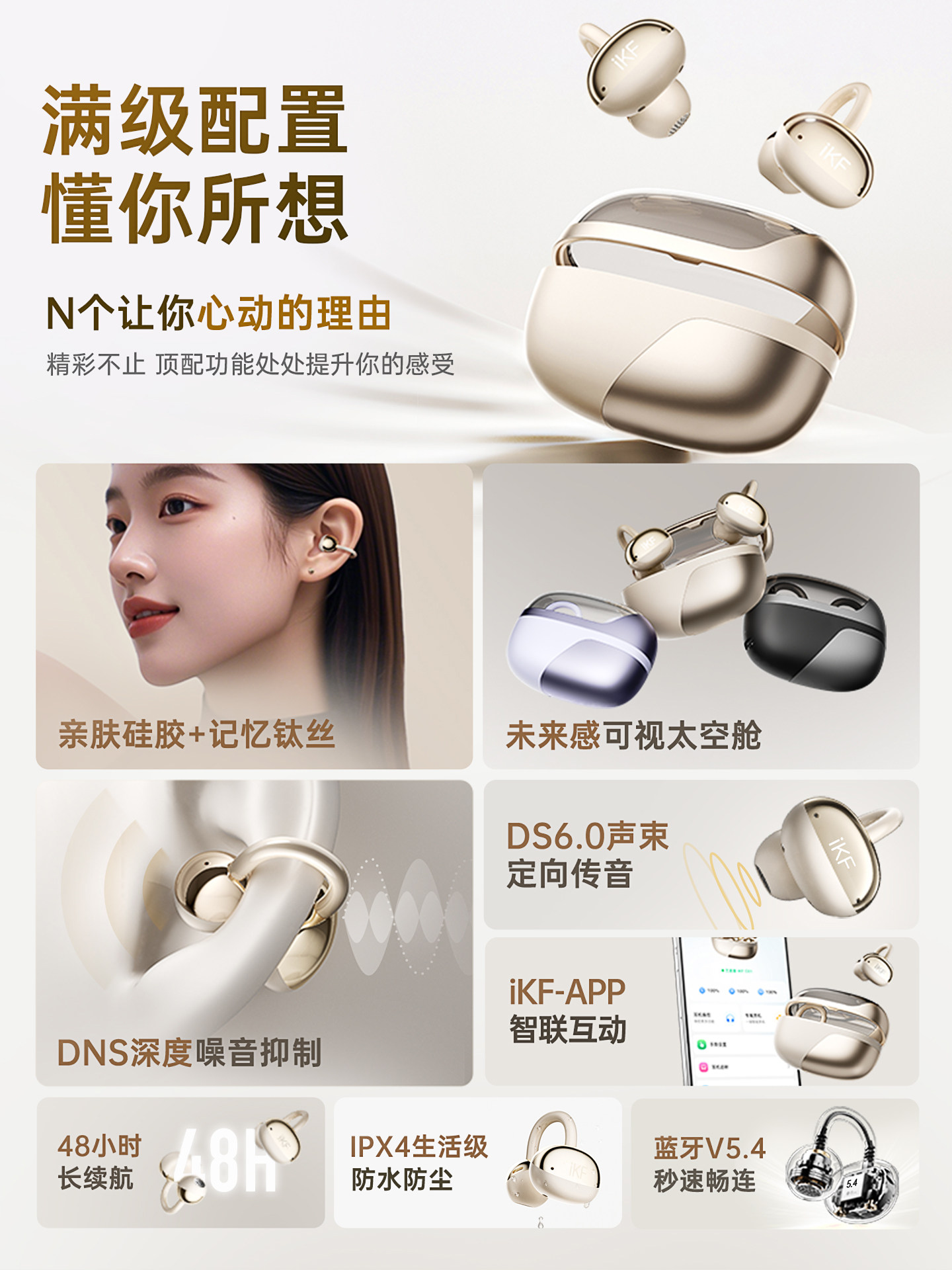 Ikf C01 Bluetooth Earphones, Open-Ear Wireless, Non-In-Ear, Air Conduction, No Sound Leakage, New Model for Sports and Running