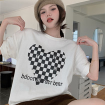 Brand Discount Clear Cabin Special Cabinet Withdrawal Cabinet Pick Up Leak Cut and cut Chessboard Grid Design Sense T-shirt Short Sleeve Pure Cotton Female Blouse Tide