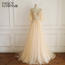 Broken code new champagne light gauze ruffle sleeves long female thin A skirt small tail wedding dress performance host