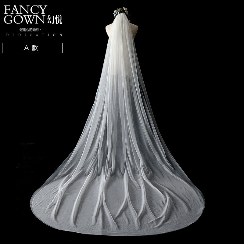 Magic Yue new bride flower wedding hijab European retro simple long version mopping white champagne lace lace veil